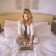 woman, working, bed