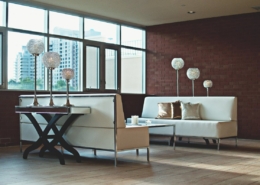 apartment, living room, brick wall