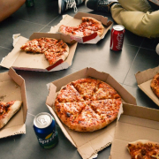 pizza, boxes, soda