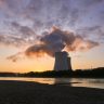 nuclear power plant, cooling tower, sunrise