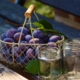plums, glasses, mason jars