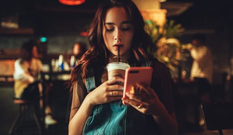 woman, coffee, phone