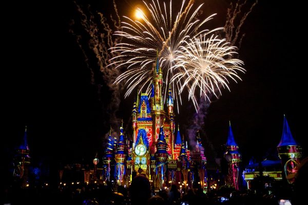 Fireworks and colorful projections on Cinderella Castle during one of the final Happily Ever After performances.