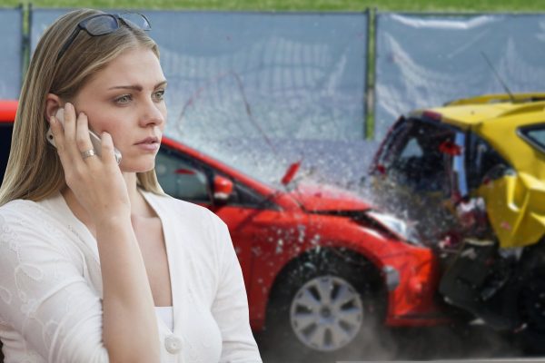 car crash, phone call, woman