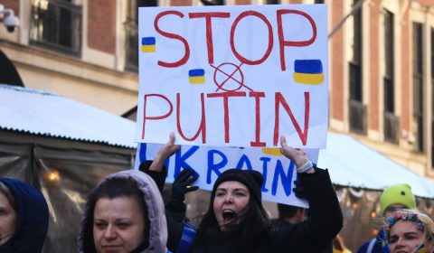 Sunday, February 27, 2022, Protesters gathered outside of Russian Consulate in uptown New York City to protest Russian's invasion in Ukraine. Protesters chanting "Stop Putin".