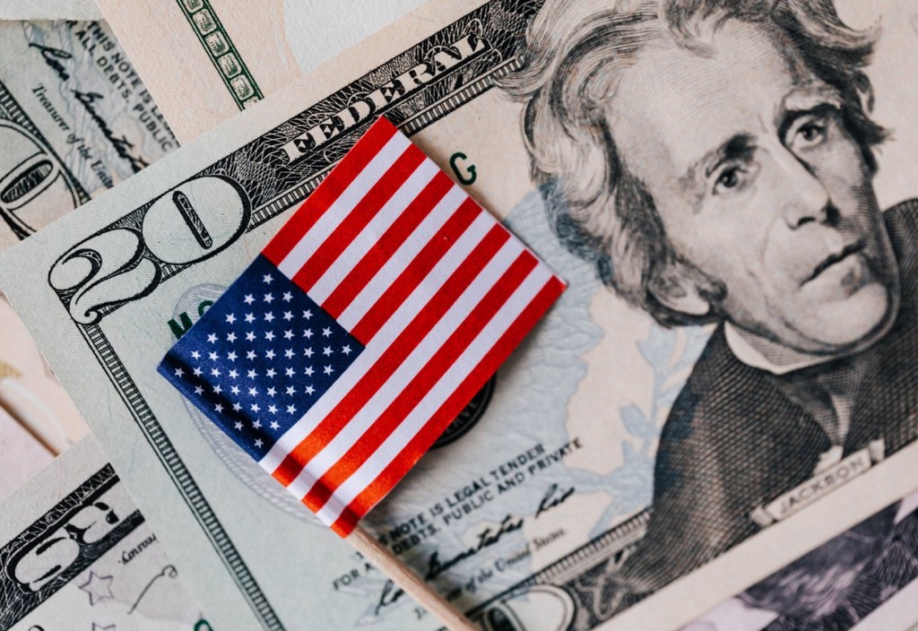 Set of usa dollars and national flag
