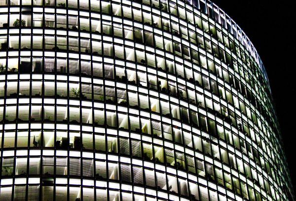 Offices at night in black and white at Sony Center, Potsdamer Platz