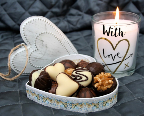 candle, chocolates, heart
