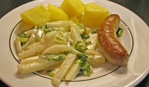 bratwurst, asparagus, potatoes