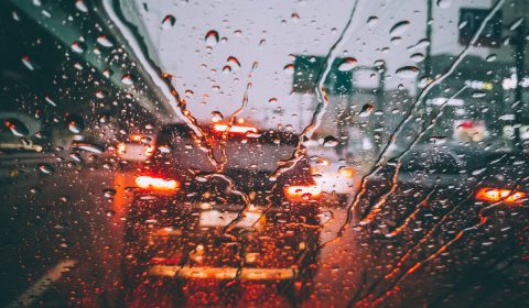 Rain drops on vehicle windshield