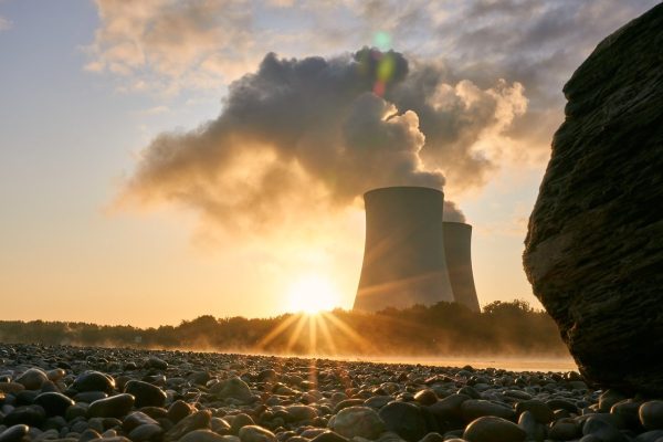 nuclear power plant, cooling tower, sunrise