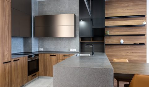 Interior of modern kitchen with counter