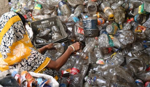 A woman collecting recyclable plastic bottles