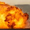 Massive fire explosion close up in military combat and war. Vehicle explosion from a tank in a city in the Middle East. Military Concept. Strength, power, explosion.