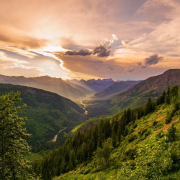 mountains, trees, sky