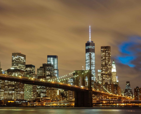 buildings, bridge, illuminated