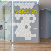 Corridor with decorated wall near conference room