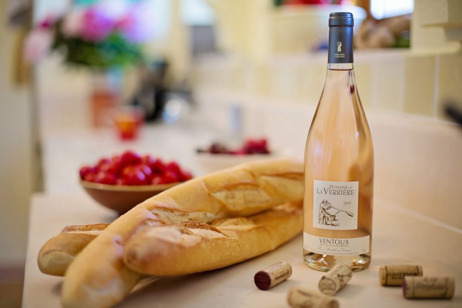 pink wine, baguettes, french