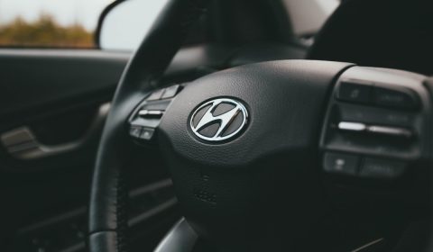 Close up on hyundai steering wheel