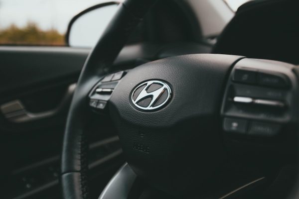 Close up on hyundai steering wheel