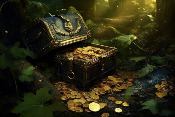 ai generated, leaves, treasure chest