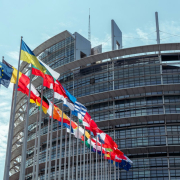 a large building with a lot of flags in front of it