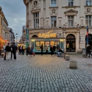a group of people walking around a cobblestone street