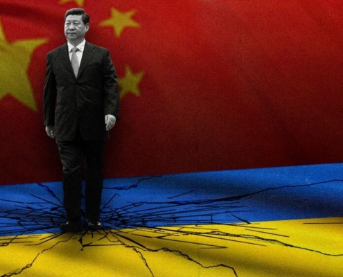 cutout-of-xi-jinping-walking-on-a-cracked-ukrainian-on-a-chinese-flag-background