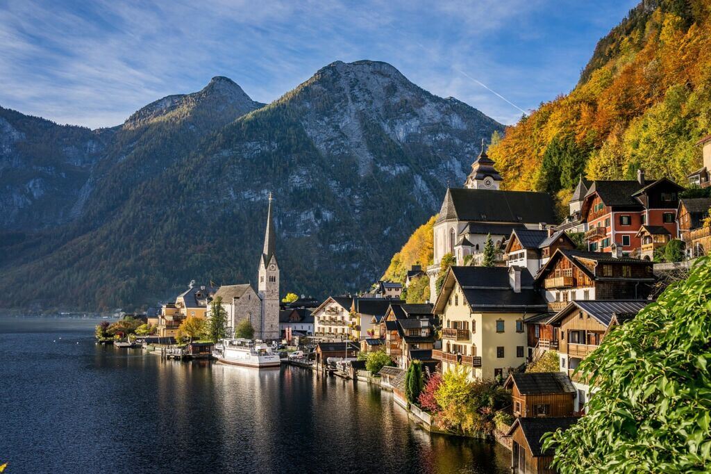 hallstatt, lake, village, tourism, alps, nature, alpine, church, hallstatt lake, austria, upper austria, church tower