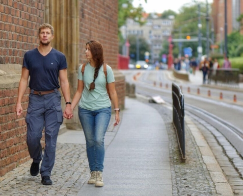 couple, love, romance, together, sidewalk, street, urban, city