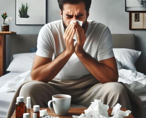 man, sick, flu, disease, health, cold, a bed, treatment, snot, suffering, ai generated