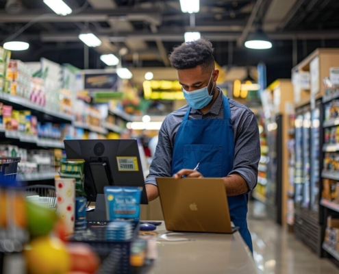 supermarket-employee-face-mask-working-laptop-groceries-concentration-essential-worker-blue-apron-modern-retail-service-diligent-focused-organization-busy-everyday-life-grocery-store-worker-work-ai-ge-stockpack-pixabay.jpg supermarket, employee, face mask, working, laptop, groceries, concentration, essential worker, blue apron, modern, retail, service, diligent, focused, organization, busy, everyday life, grocery, store, worker, work, ai generated, supermarket, supermarket, supermarket, supermarket, supermarket