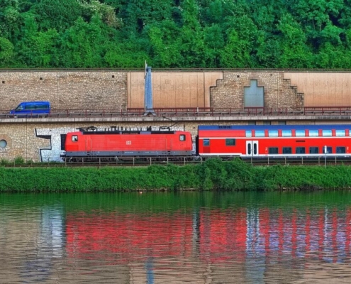 train, nature, railroad, river, red train, moselle, oberbillig, road, railway, wall, transport, travel, water, reflection