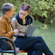 people, coup, young, friends, girlie, surprised, boy, laptop, sitting, bench, outdoors, parka, naturally