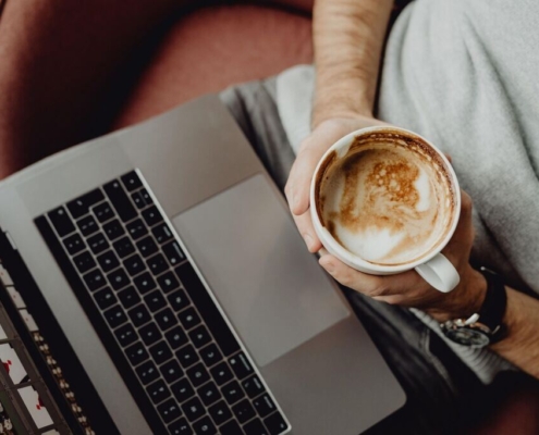 coffee, cup, computer, home, laptop, macbook, technology, office, business, coffee cup, designer, work, man, casual