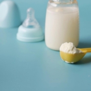 A close up shot of a scooped formula milk powder