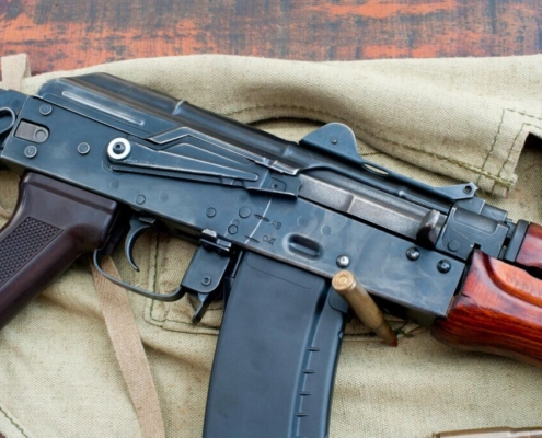 Close up shot of a black rifle