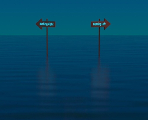 ocean, road sign, sea level, left, right, dilemma, nature, problem, choice, option, drifting, sea, water, concept, 3d