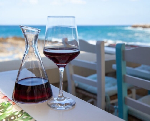 wine, crete, nature, greece, restaurant, sea, alcohol, glass, vacations