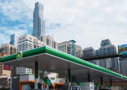 Chicago cityscape with gas station in foreground