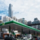 Chicago cityscape with gas station in foreground
