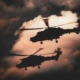 Dramatic silhouette of helicopters in flight
