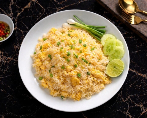 fried rice, egg, thai food, asian cuisine, rice, homemade food, delicious, lunch, dinner, cucumber, lime, simple food, garlic, green onion, street food, plate, close up, quick meal, traditional dish, food photography