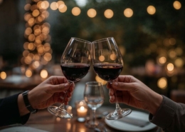 wine, glasses, cheers, celebration, date, evening, romantic, restaurant, bokeh, lights, red, beverage, clinking, toast, hands, focus, blur, atmosphere, table, ai generated