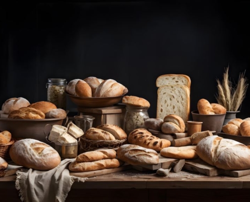 ai generated, bread variety, artisanal breads, sourdough, baguettes, ciabatta, bread table, fresh bread, bread samples, bakery display, rustic bread, handmade bread, artisan bakery, bread stall, local bakery, bread tasting, gourmet bread, fresh loaves, craft bread, bread selection, bread market, crusty bread, baked goods, farm-to-table, bakery products, artisan food
