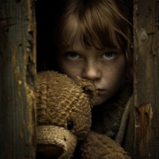child, kid, childhood, teddy, toy, bear, plush, sitting, vintage, loneliness, alone, lonely, sadness, depression, separation, exclusion, bullying, isolation, poverty, poor, adhd, add, introvert, orphan, girl, ai generated
